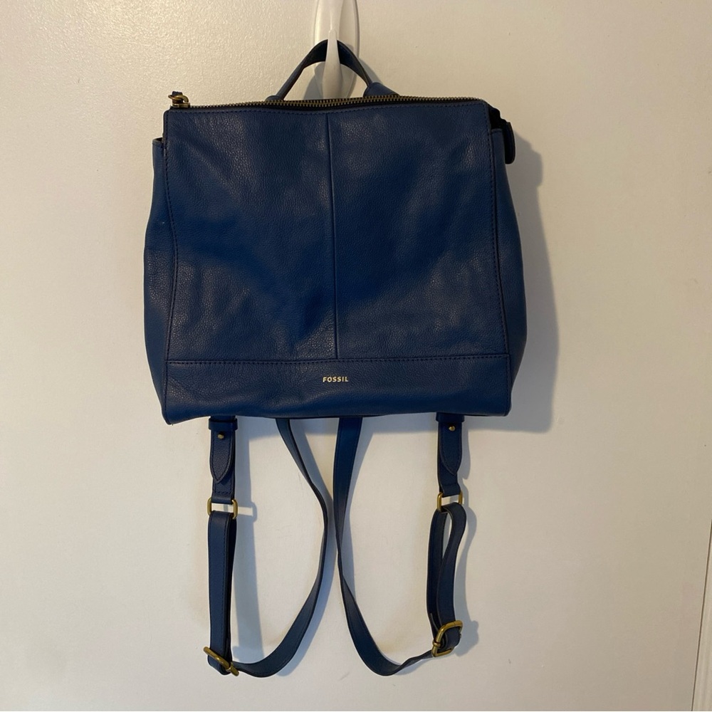 Fossil Elina Rich Blue Leather Convertible Backpack Back Inner Lining Dirty - Picture 2 of 15